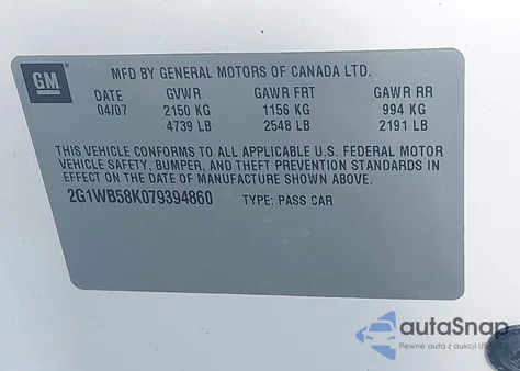 2007 Chevrolet Impala Ls from USA, damaged, VIN 2G1WB58K079394860